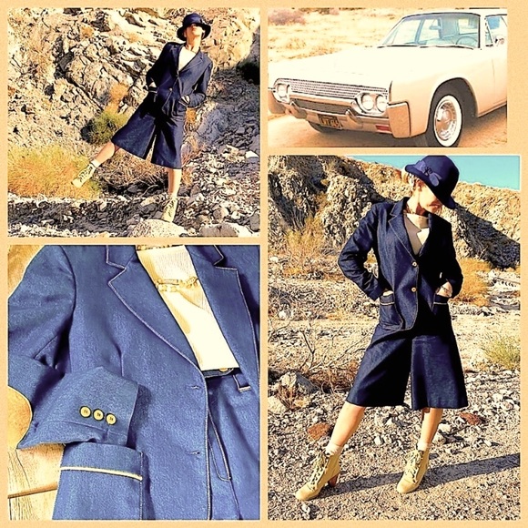 VTG 70s Dark Raw Denim Wide Leg Bermuda Shorts & Coordinated Blazer Set, sz 6/8 - Picture 5 of 16